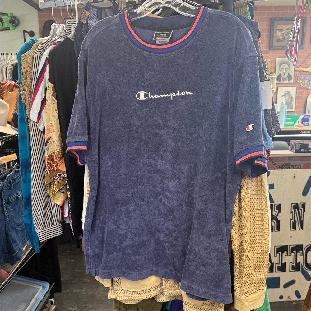 Champion size large Navy Tee with Red and White Trim
